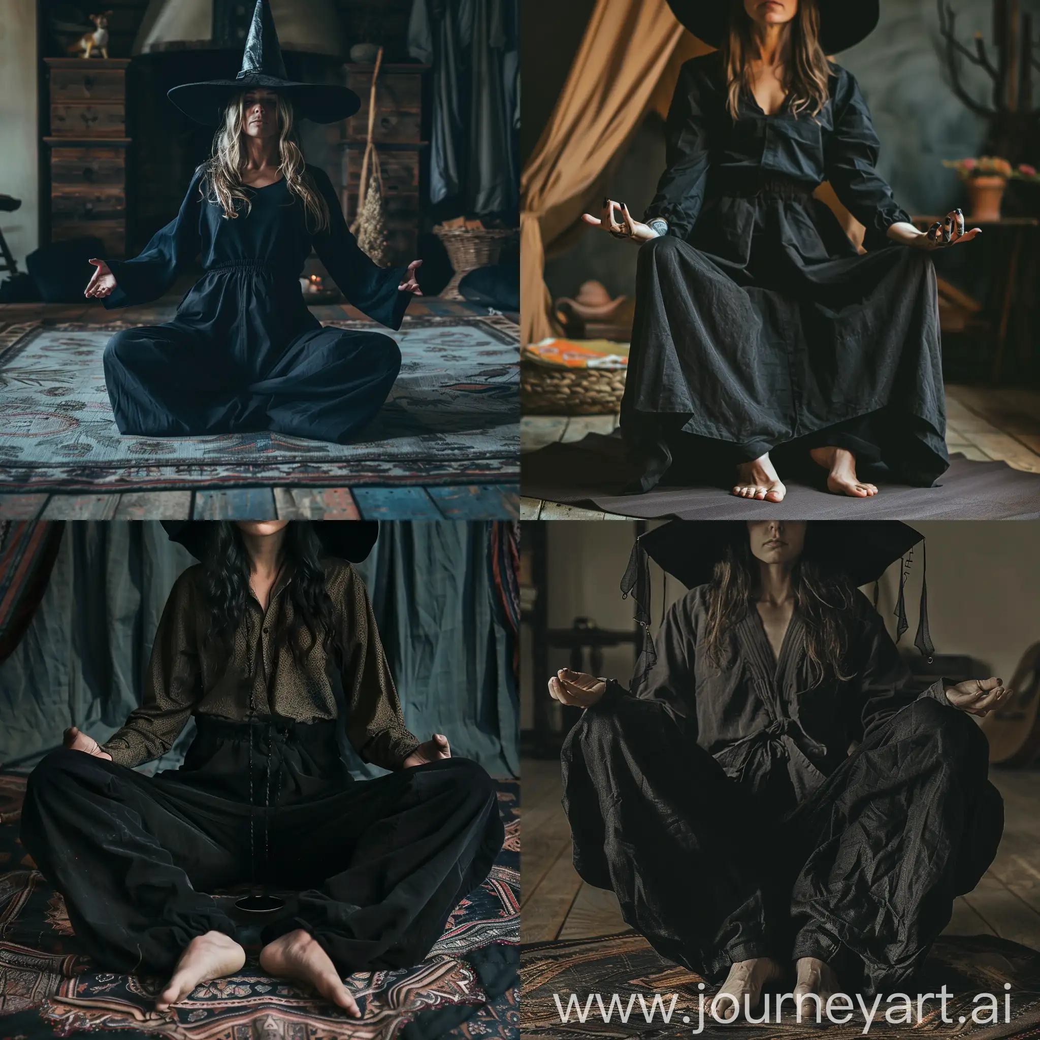 A woman in a witch costume and baggy black office pants levitates at night home in a padmasana. Her feet rest on her thighs. She practicing pyrokinesis