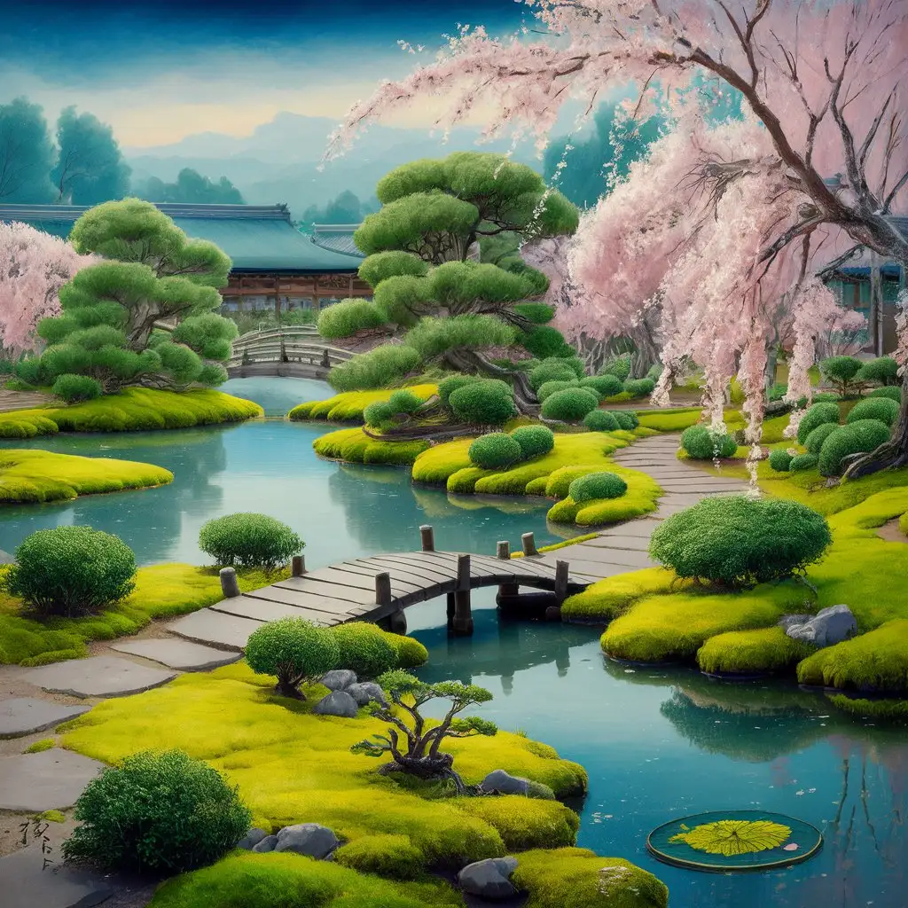 Tranquil-Japanese-Tea-Garden-Painting-with-Pond-and-Bridge