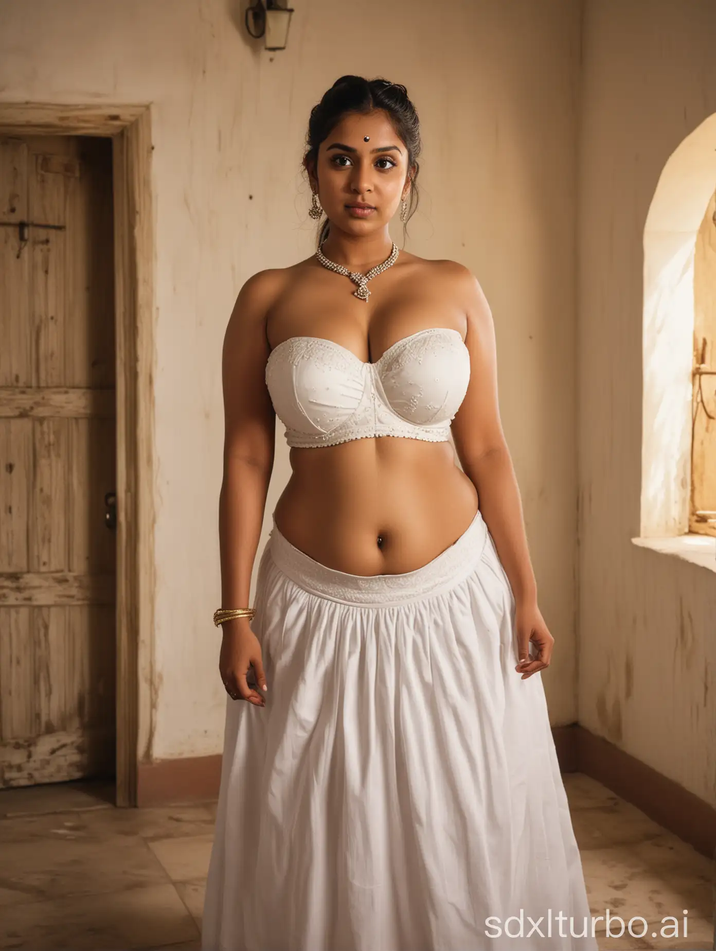 CURVY indian church bride with enormous breasts with flat belly, with Plump female body and hair bun, with white strapless bra with deep v cleavages and low waisted white skirt ( skirt is under the belly button). she has a busty body, is standing at the well lit and bright lighting house. blurred background, ultra focus, face illuminated, 16k resolution. side pose