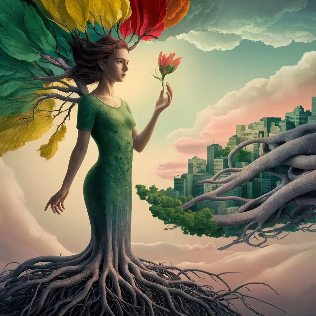 Surreal Digital Art Woman as Tree Embracing Natures Promise