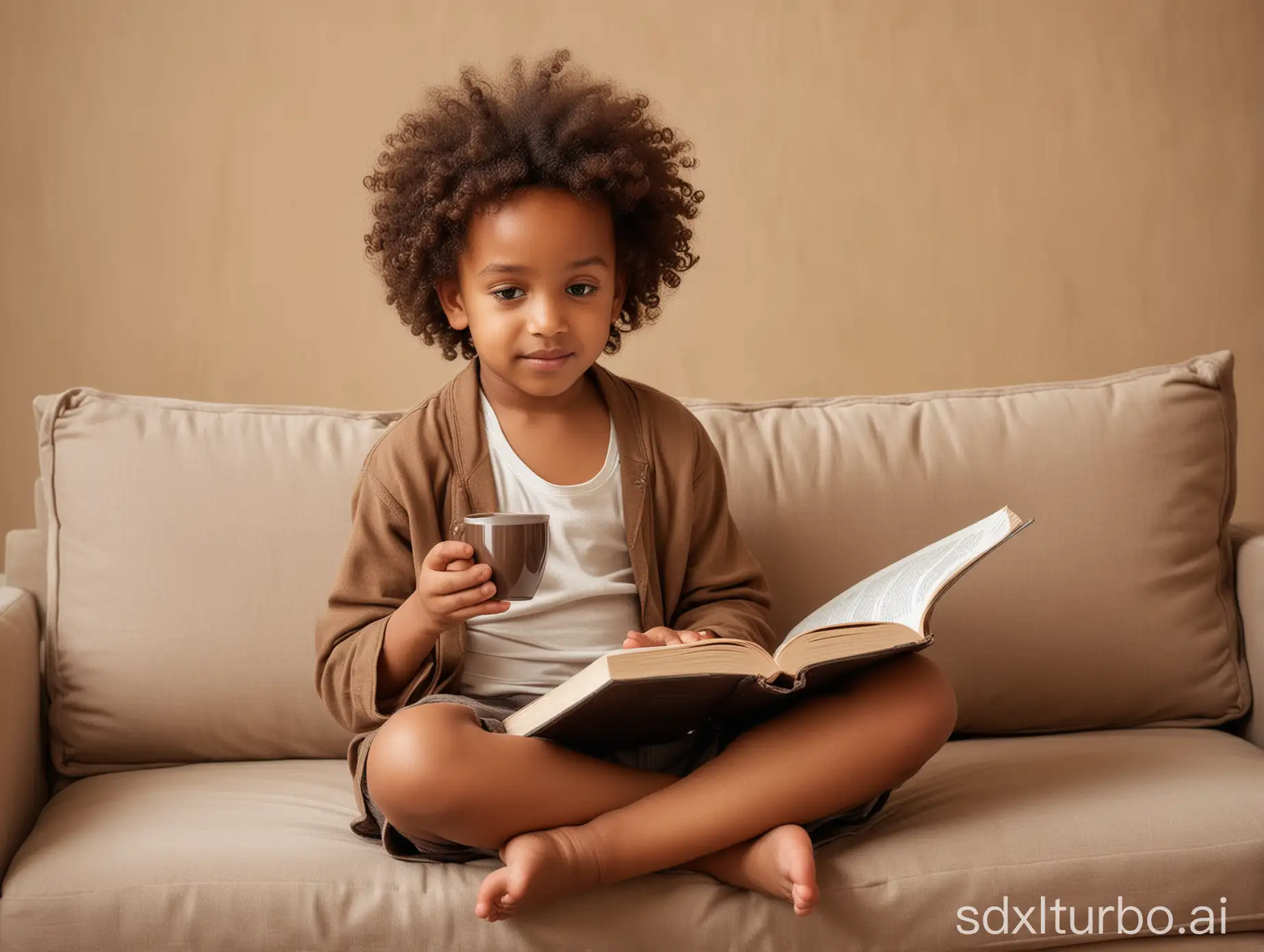 Little Ethiopian babay woth beautiful curly hair sitting on small sofa wearing reading glass holding opened book on his right hand and holding coffee cup on his left hand in a very calm and coffee color touch room.