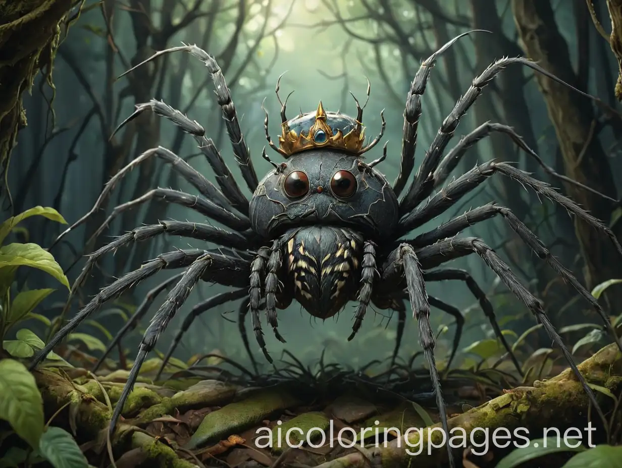 A hauntingly beautiful pencil drawing of a spider king, sitting regally on his intricate web. The spider is large and fearsome, with many legs and piercing eyes. It has a crown of dead insects, adding to its ominous presence. The background is a dark and mysterious forest, with shadows and whispers of leaves. The overall atmosphere is a blend of eerie beauty and a sense of unease., Coloring Page, black and white, line art, white background, Simplicity, Ample White Space. The background of the coloring page is plain white to make it easy for young children to color within the lines. The outlines of all the subjects are easy to distinguish, making it simple for kids to color without too much difficulty