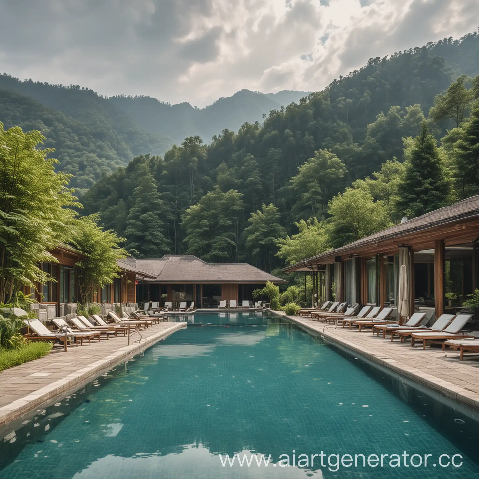 бассейн, горы покрытые лесом, одноэтажный отель