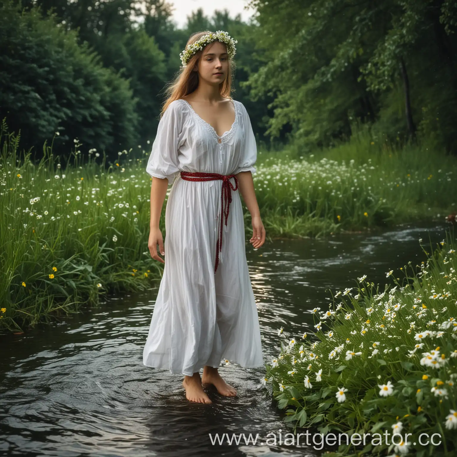 ChamomileWreathed-Girl-Wading-in-River-on-Ivan-Kupala-Night