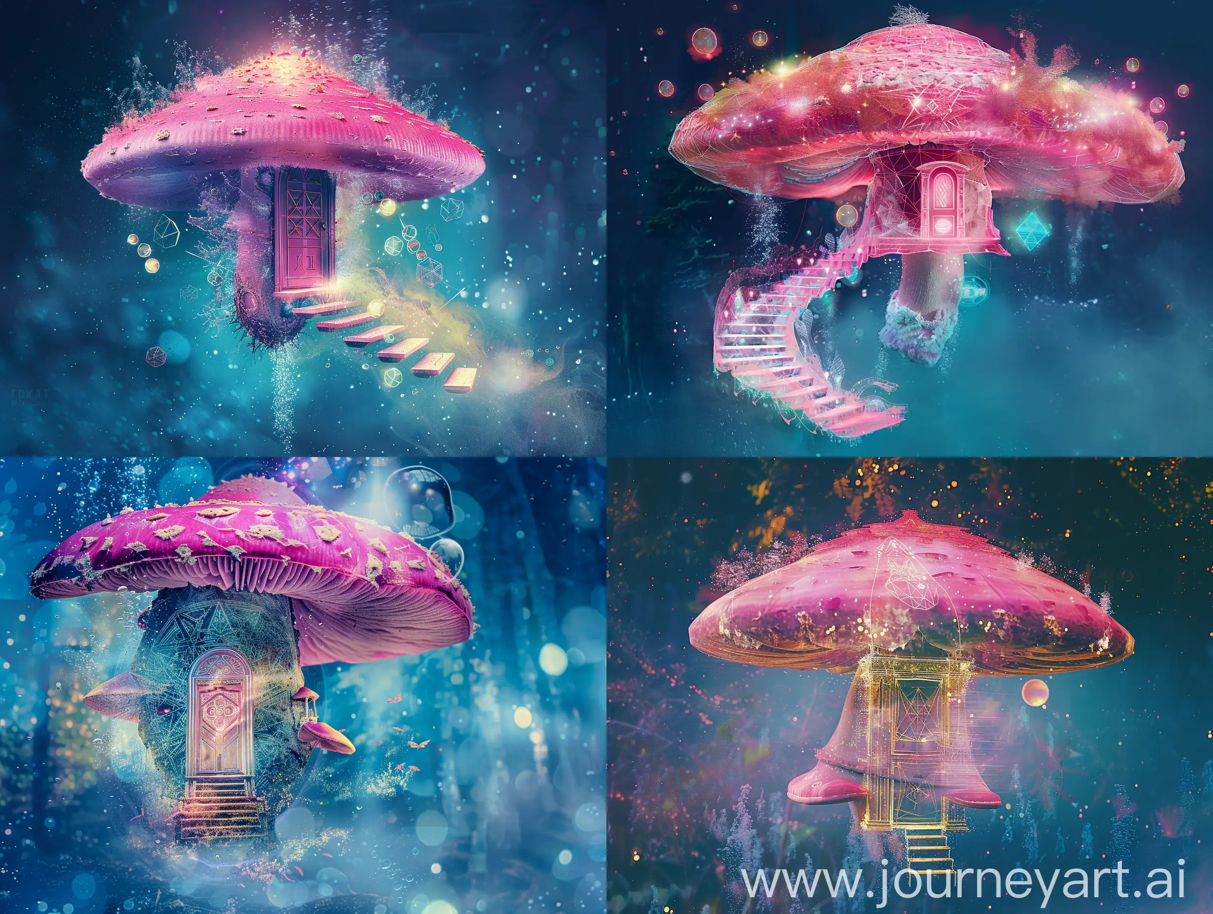 Underwater long exposure photography, a giant pink mushroom with a door and stairs flying in the cosmos with orbs and portals, x-ray style, in the style of Tim Burton, Lion King, the Chronicles of Narnia, Beauty and the Beast, and Peter Pan. with sacred geometric patterns on the body. enchanting aura. The Chronicles of Narnia, Wizard of Oz, and Alice in Wonderland backgroundShow less