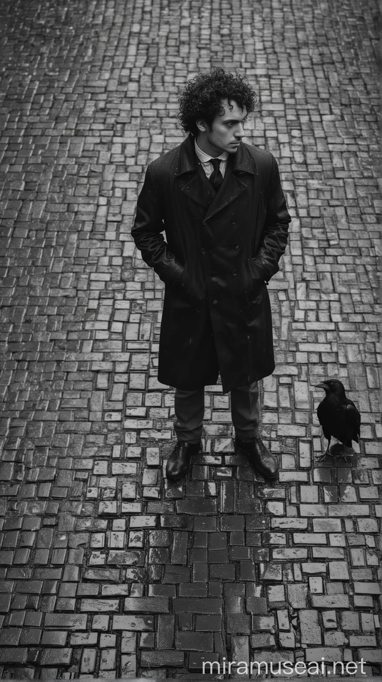 black and white photography of a man in a black coat with curly hair and a black raven sitting on the floor in the rain starring at each other in a grey backyard of a 19th century factory build of bricks.
