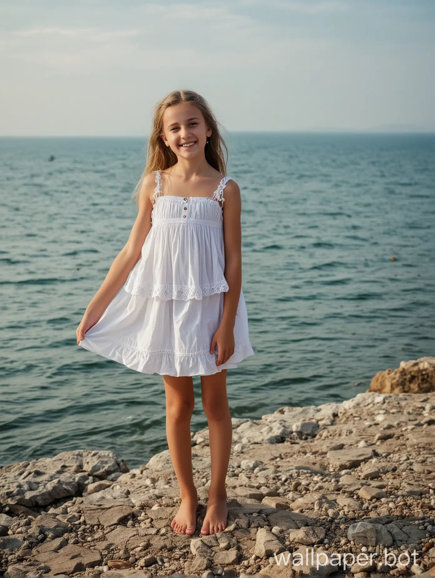 Crimea, sea view, 11-year-old girl, full height, smile, light short dress