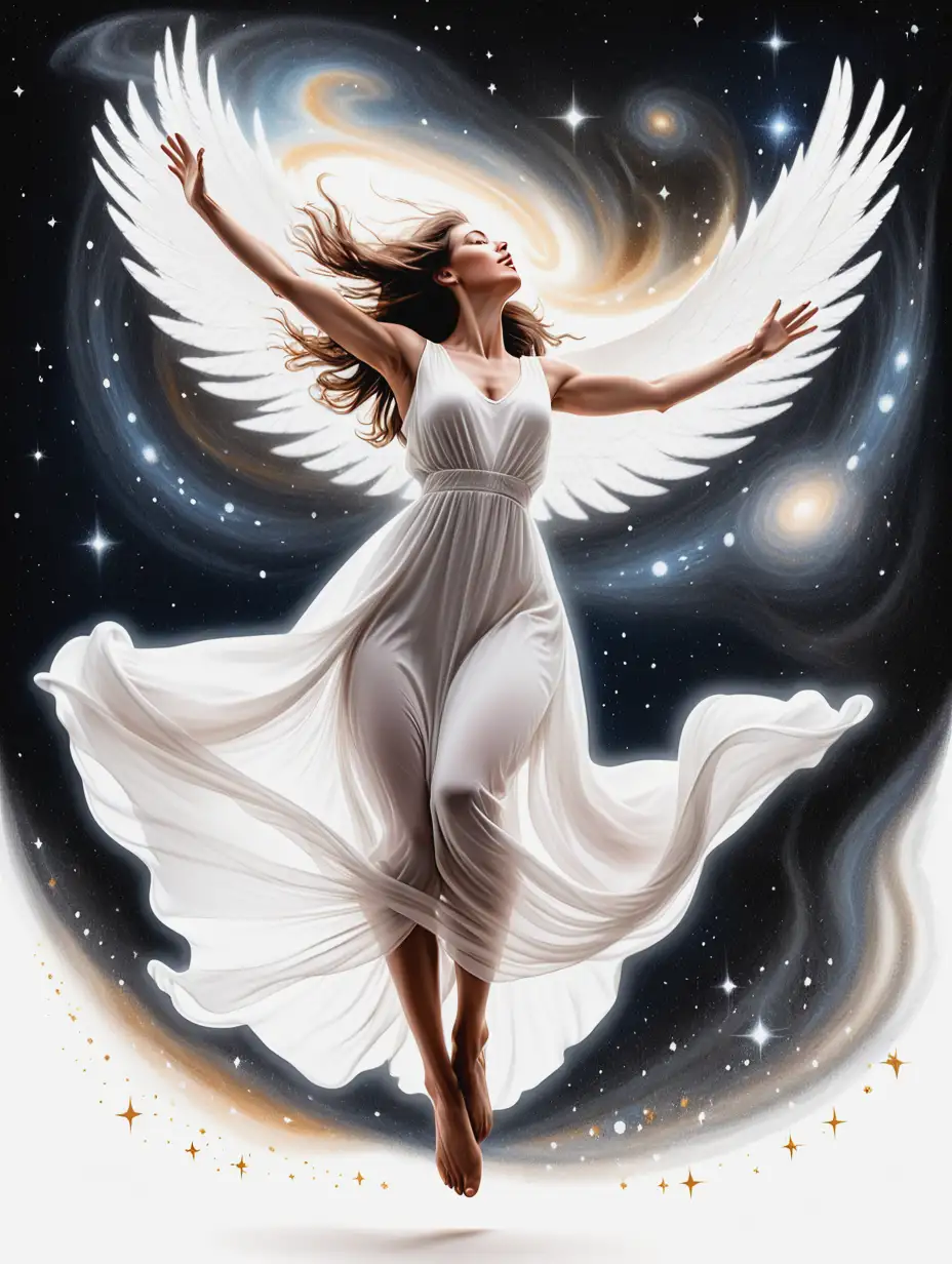 Graceful Woman Leaping with Cosmic Wings on White Background