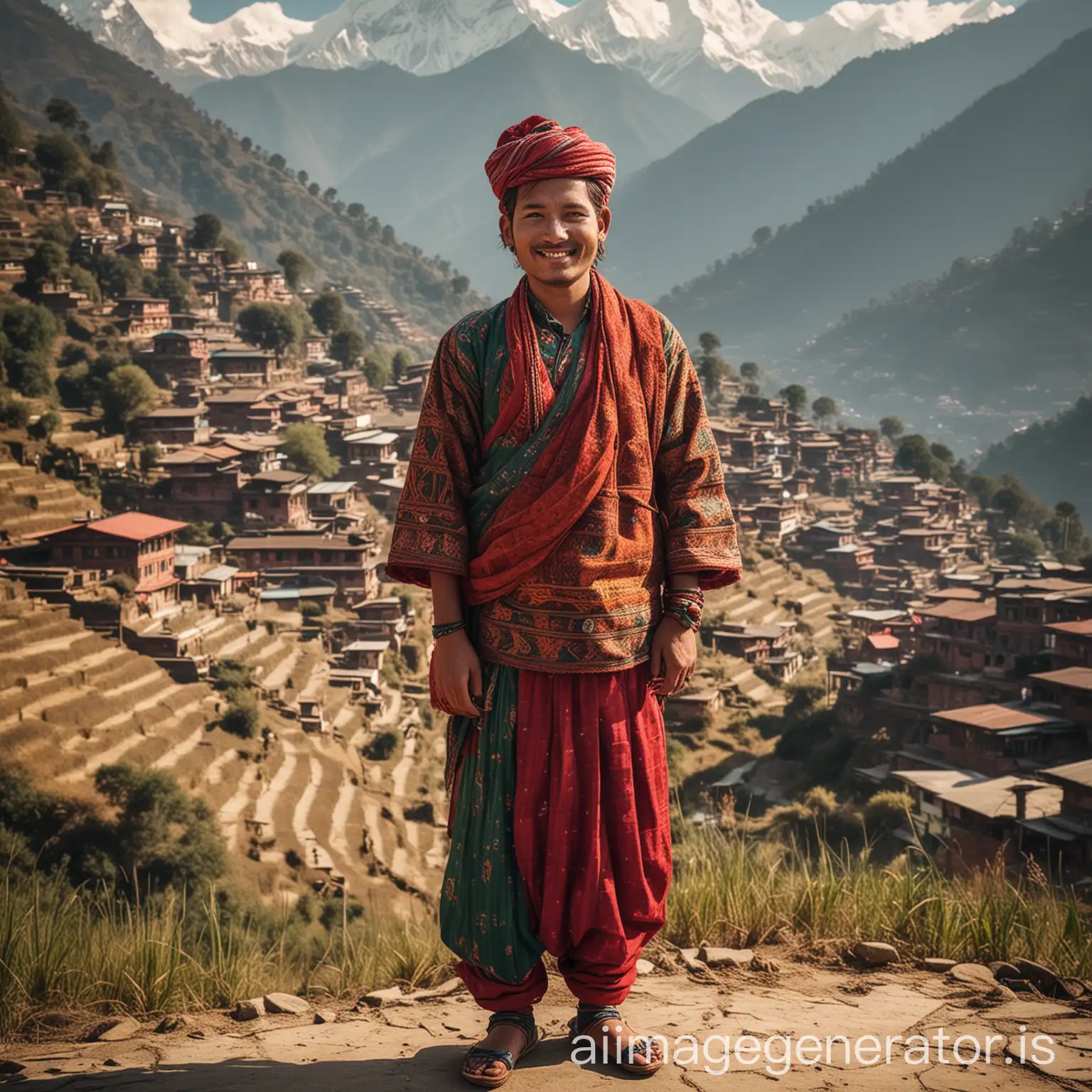 Capture a full-body photo of a Nepali individual standing against a picturesque backdrop. The person should be dressed in traditional Nepali attire, with vibrant colors and intricate patterns. Ensure the background highlights the natural beauty of Nepal, such as the Himalayas, terraced fields, or historic architecture. The person should be centered, with a confident and relaxed posture, smiling naturally."