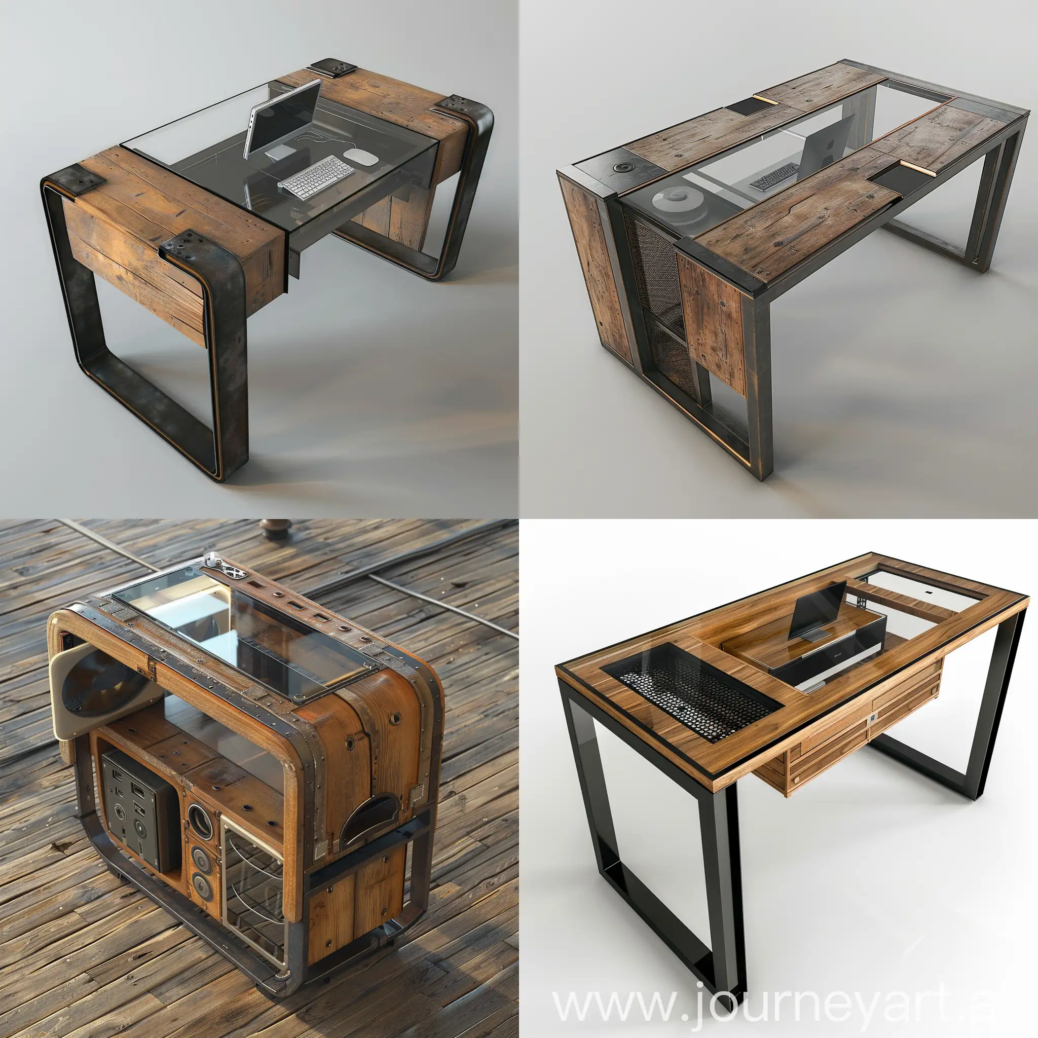 Table, There is a computer inside,Glass on top of the table, Minimalistic style,Top and side view, A mixture of wood and iron, 4k
