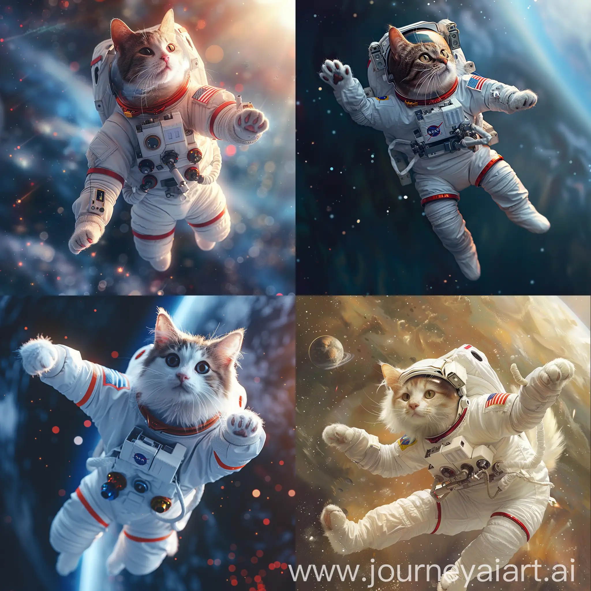 Милый кот, одет в скафандре космонавта, летит в космосе, высокая детализация, гиперреализм