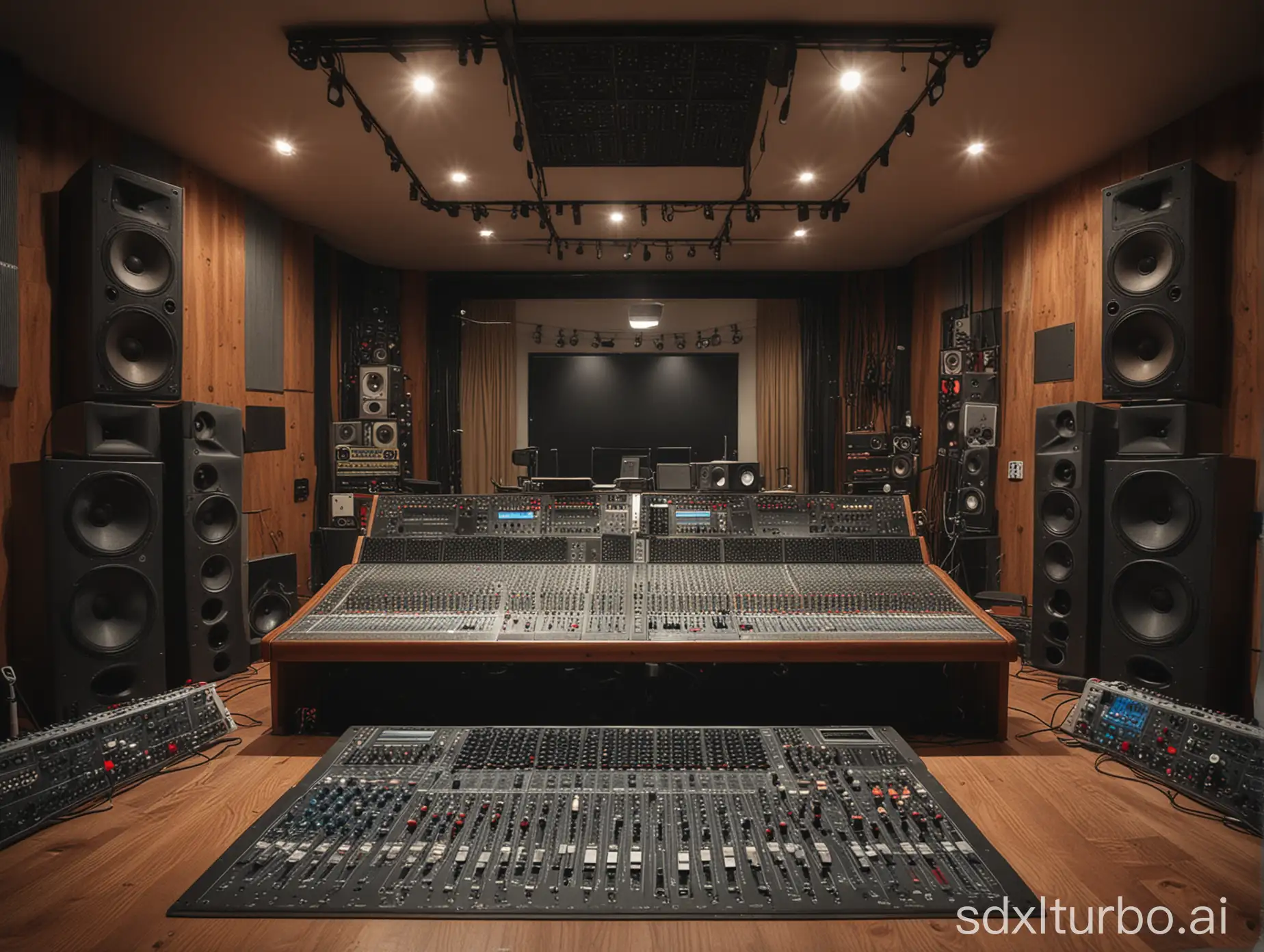 Create a photograph of a recording studio interior, shot with a wide angle lens. Image of the mixing board with speakers and effects racks. Very realistic.