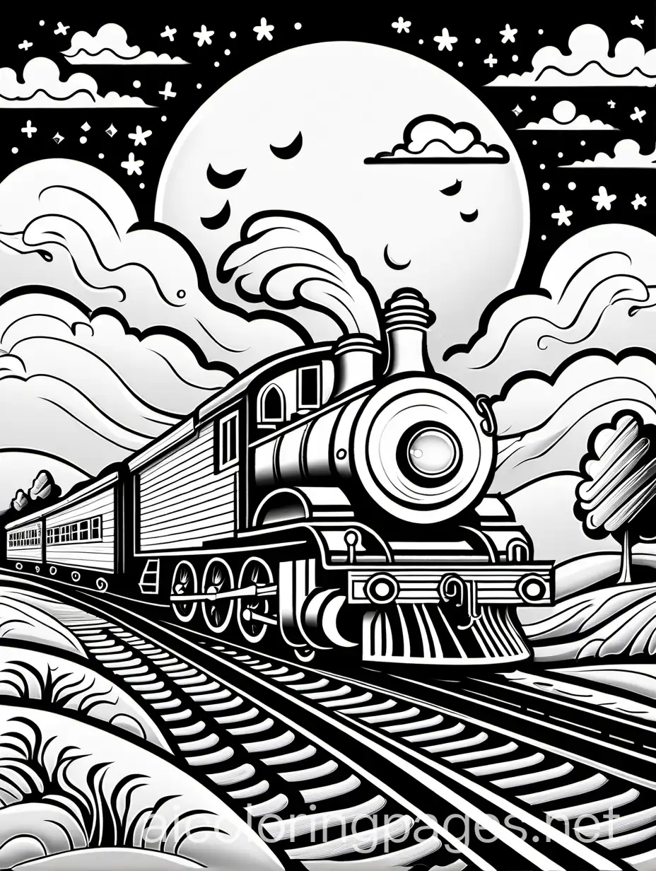 A misty ghost train flying over a farmhouse at night, and the moon's in the clouds., Coloring Page, black and white, line art, white background, Simplicity, Ample White Space. The background of the coloring page is plain white to make it easy for young children to color within the lines. The outlines of all the subjects are easy to distinguish, making it simple for kids to color without too much difficulty, Coloring Page, black and white, line art, white background, Simplicity, Ample White Space. The background of the coloring page is plain white to make it easy for young children to color within the lines. The outlines of all the subjects are easy to distinguish, making it simple for kids to color without too much difficulty