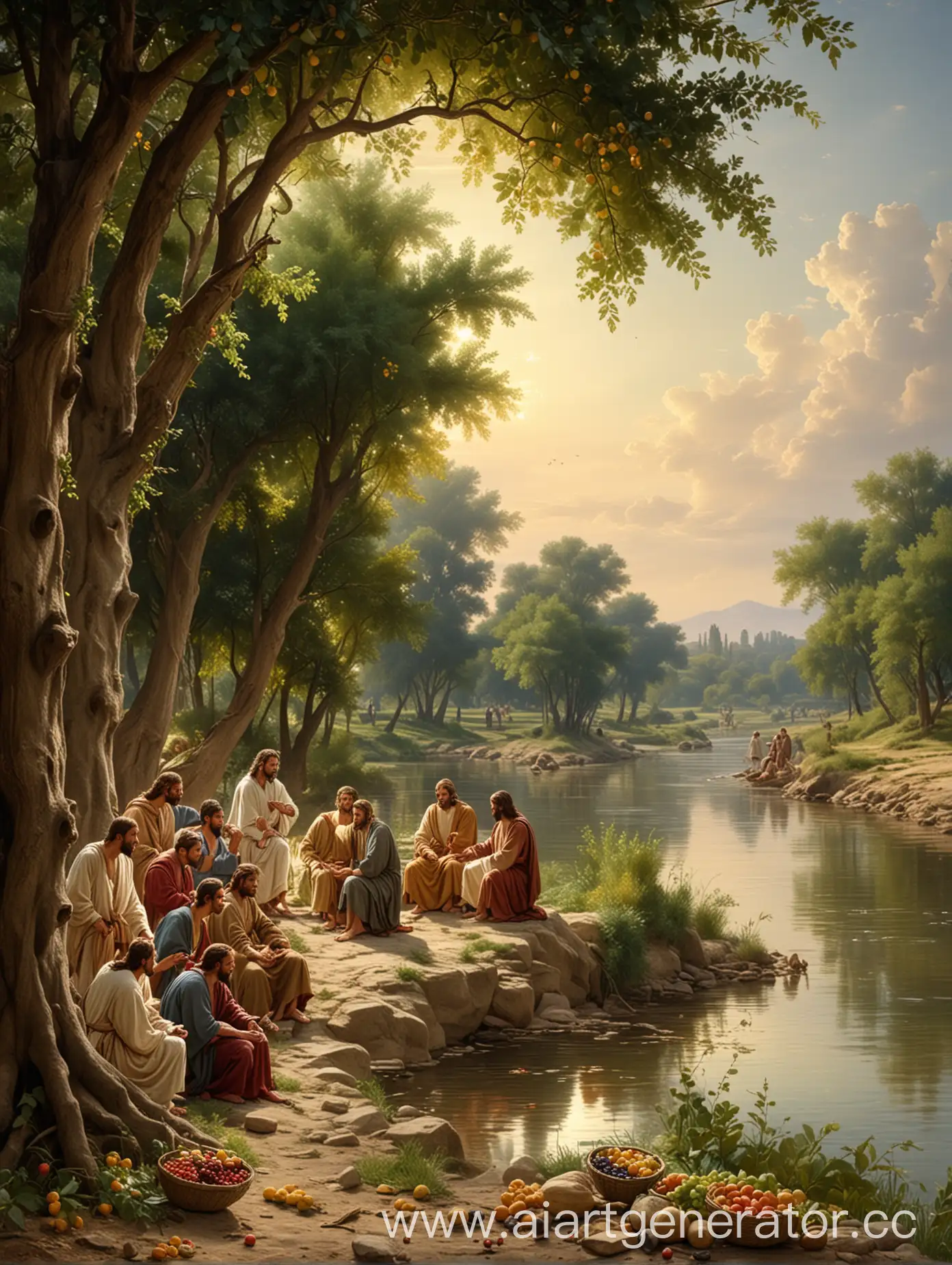 Jesus-and-the-Disciples-Gathering-by-the-River-Abundant-Fruits-Scene