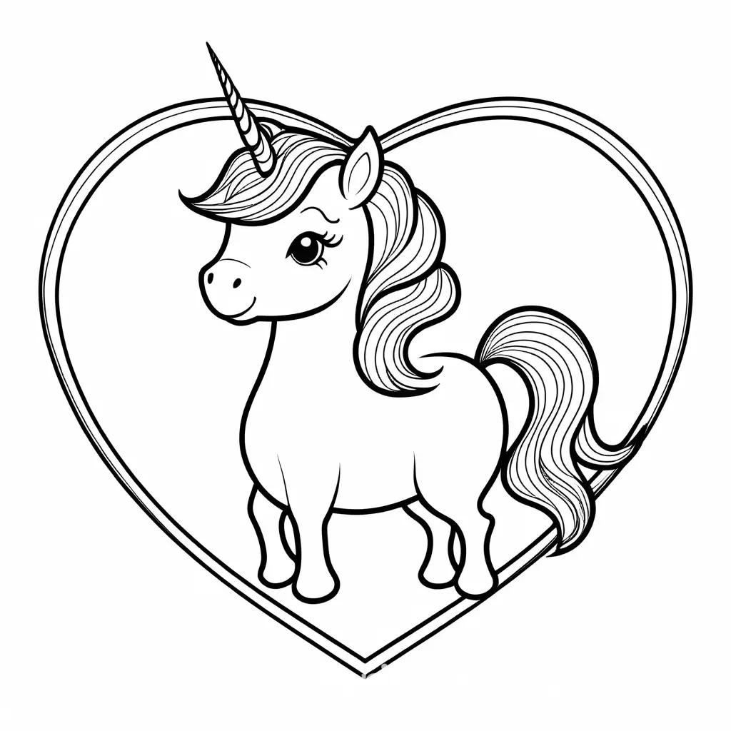 cute happy easy to color   unicorn on a heart  simple coloring, Coloring Page, black and white, line art, white background, Simplicity, Ample White Space. The background of the coloring page is plain white to make it easy for young children to color within the lines. The outlines of all the subjects are easy to distinguish, making it simple for kids to color without too much difficulty