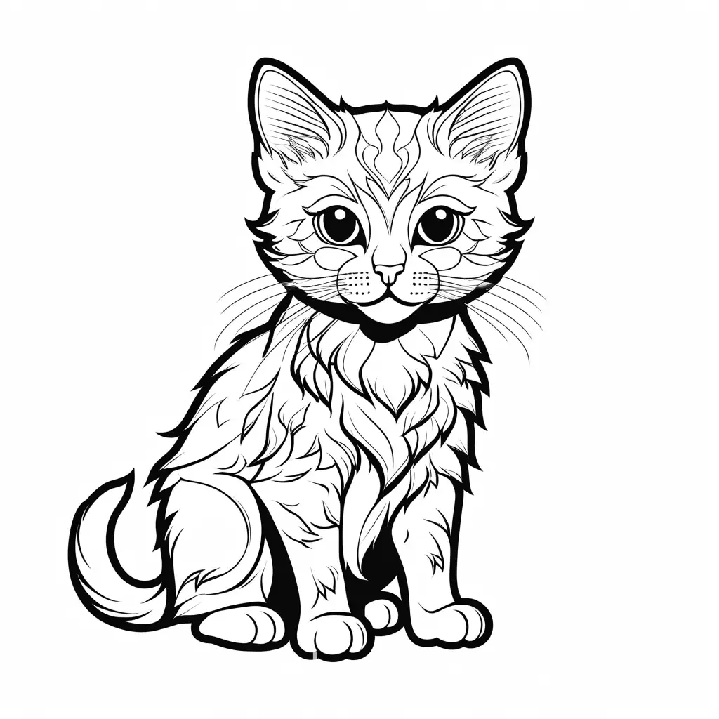 a kitten version of jason, friday the 13th, Coloring Page, black and white, line art, white background, Simplicity, Ample White Space. The background of the coloring page is plain white to make it easy for young children to color within the lines. The outlines of all the subjects are easy to distinguish, making it simple for kids to color without too much difficulty