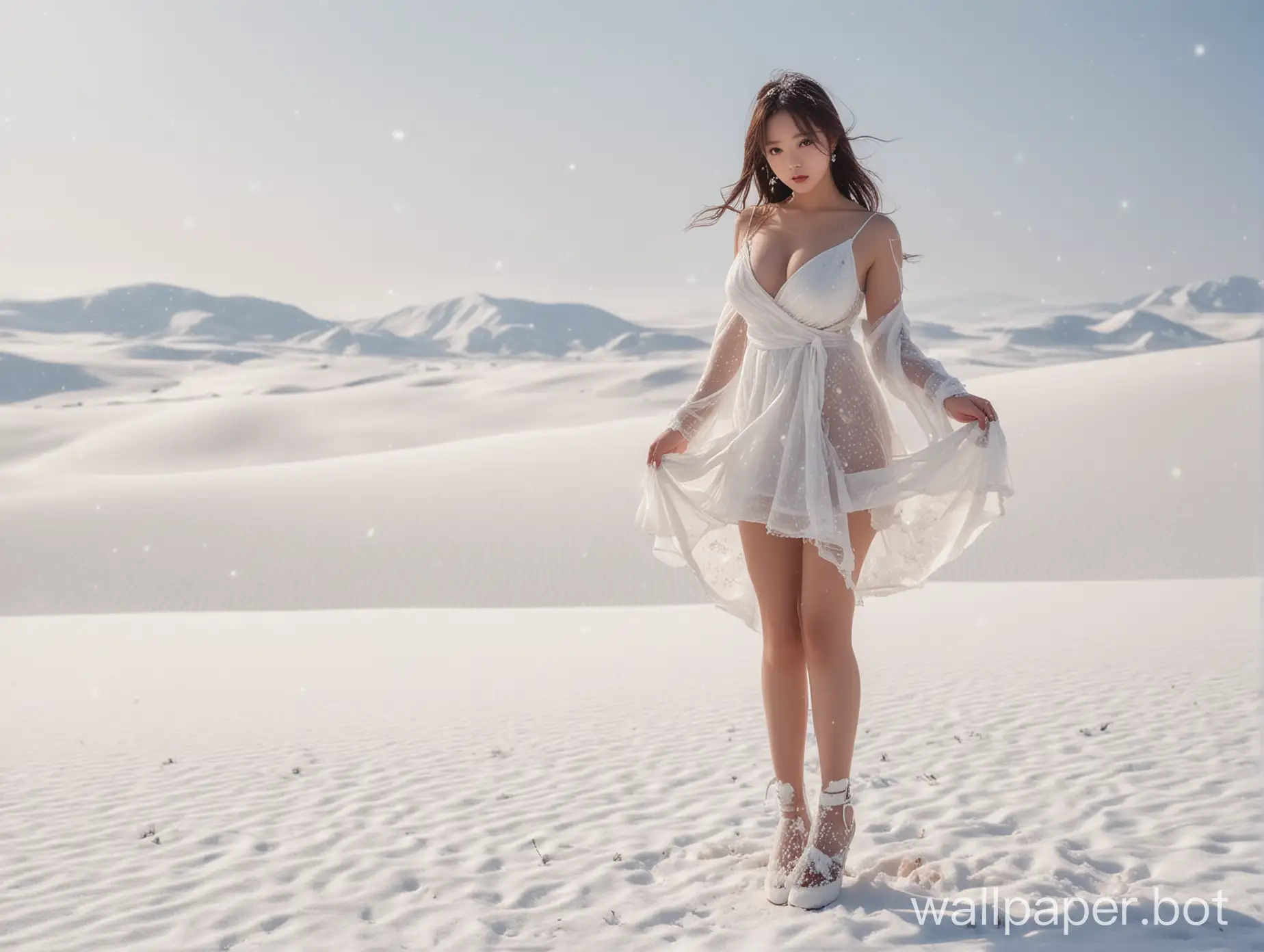 cool japan girl, very short white sheer dress,to the left. white heels. huge breast. snow dunes in background. snowflakes particle. high resolution.
