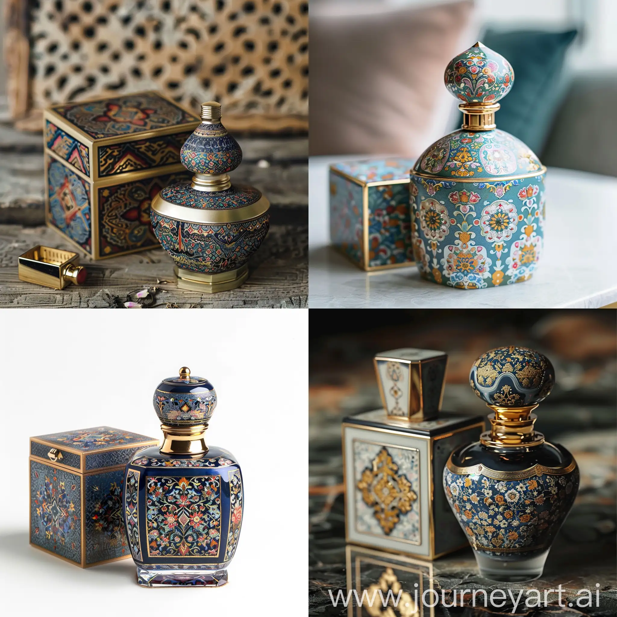 perfume bottle and box inspired by iranian art and culture