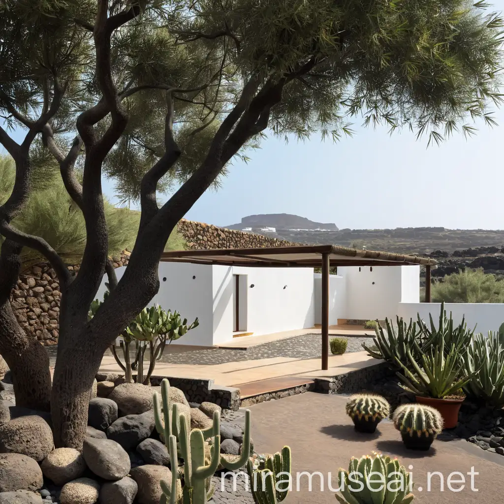 Convert this into a house extension in Pantelleria with overhead canopy in bamboo and a patio area with cactus plants and a sleek contemporary minimalist but traditional look