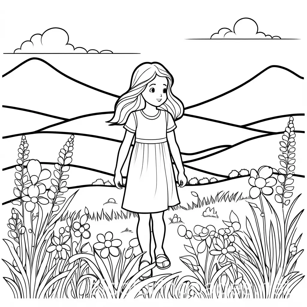 a girl standing in meadow crying. colouring pages, black and white. Line art, white background, simple, ample white space. The background of the colouring page is plain white to make it easy for young children to colour within the lines. The outlines of all subjects are easy to distinguish, making it simple for kids to color , Coloring Page, black and white, line art, white background, Simplicity, Ample White Space. The background of the coloring page is plain white to make it easy for young children to color within the lines. The outlines of all the subjects are easy to distinguish, making it simple for kids to color without too much difficulty