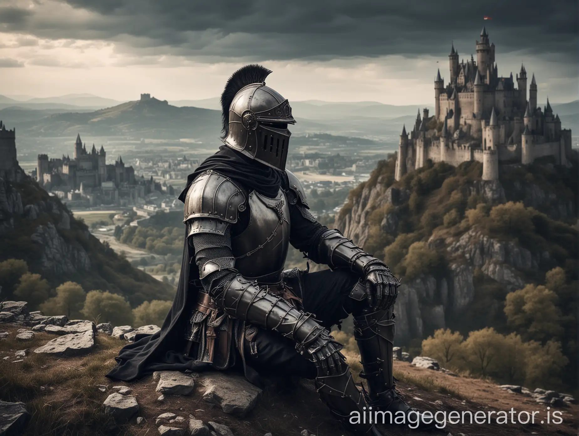 Medieval-Knight-Resting-on-Hill-with-Castle-Silhouetted-in-Dark-Fantasy-Scene