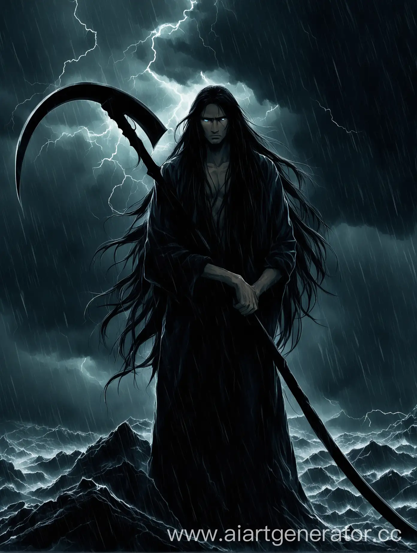 человек с длинными волосами во время грозы стоит а в руках у него коса и его глаз не видно из-за темноты