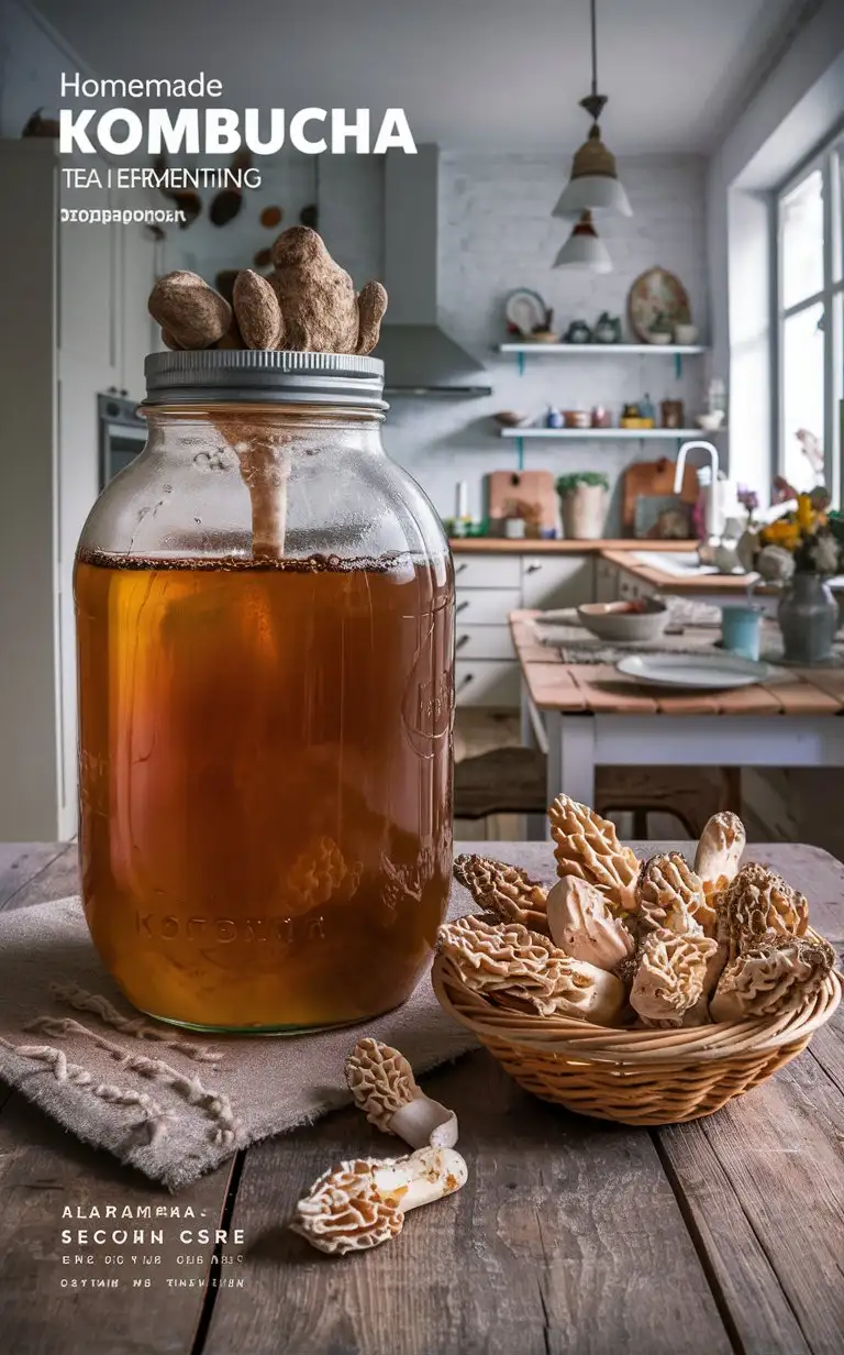 homemade Kombucha tea fungus in a large three-liter jar, modern Russian kitchen, a basket of morels on the table next to the jar, cottagecore aesthetics
