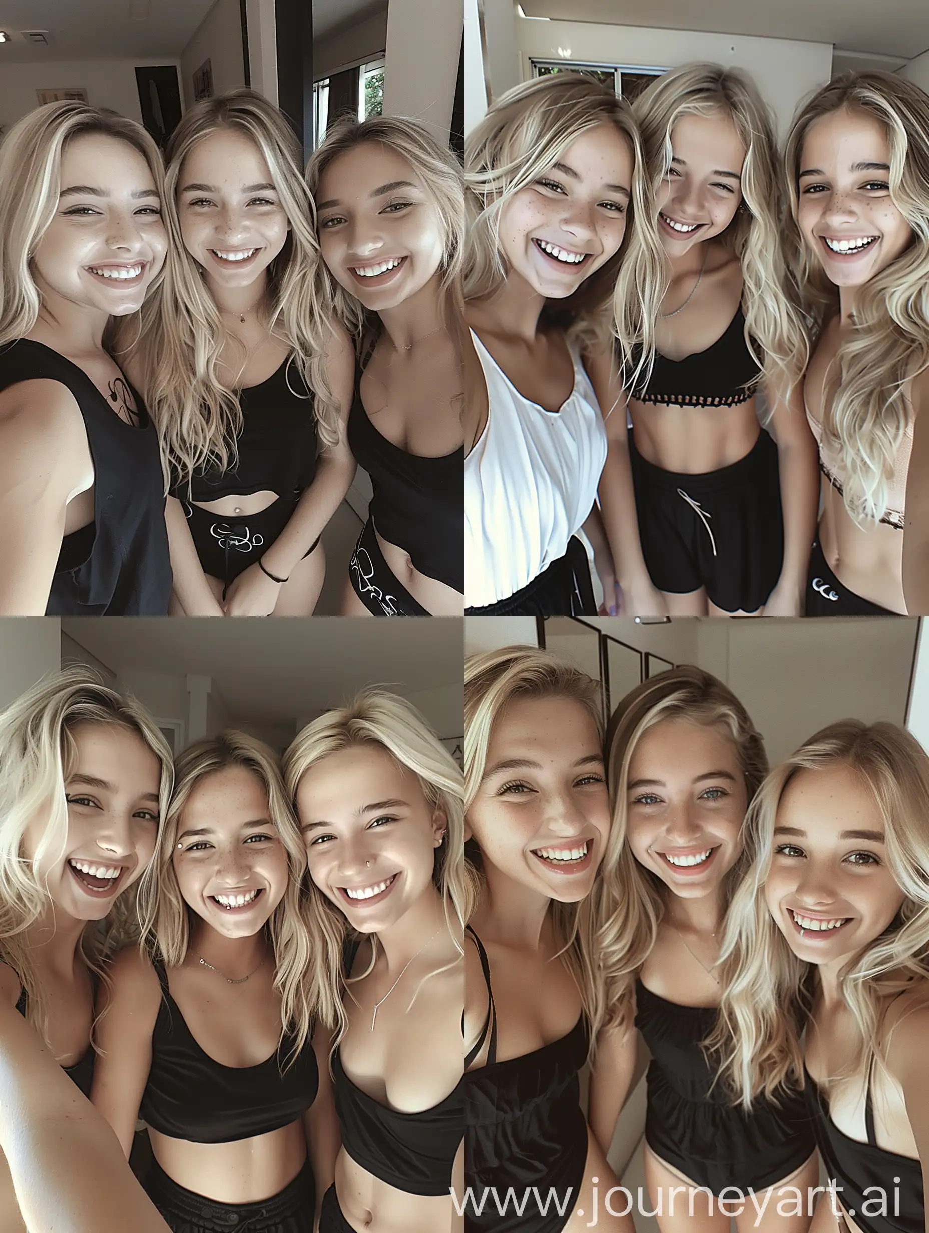3 brazilian  girls, 19 years old, smiling, blond hair, selfie, makeup, beauty, pijama