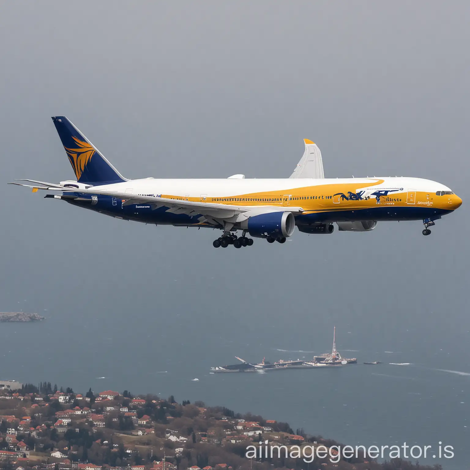 A cargo Boeing 777 flying with the brand “next cargo express” and the main colours are navy and mustard