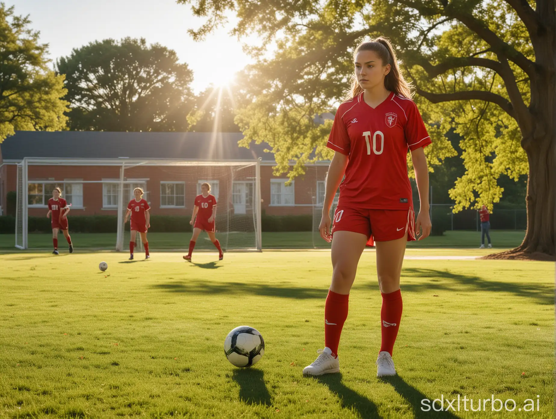 Determined-Female-Soccer-Player-Takes-Shot-on-Vibrant-School-Football-Field