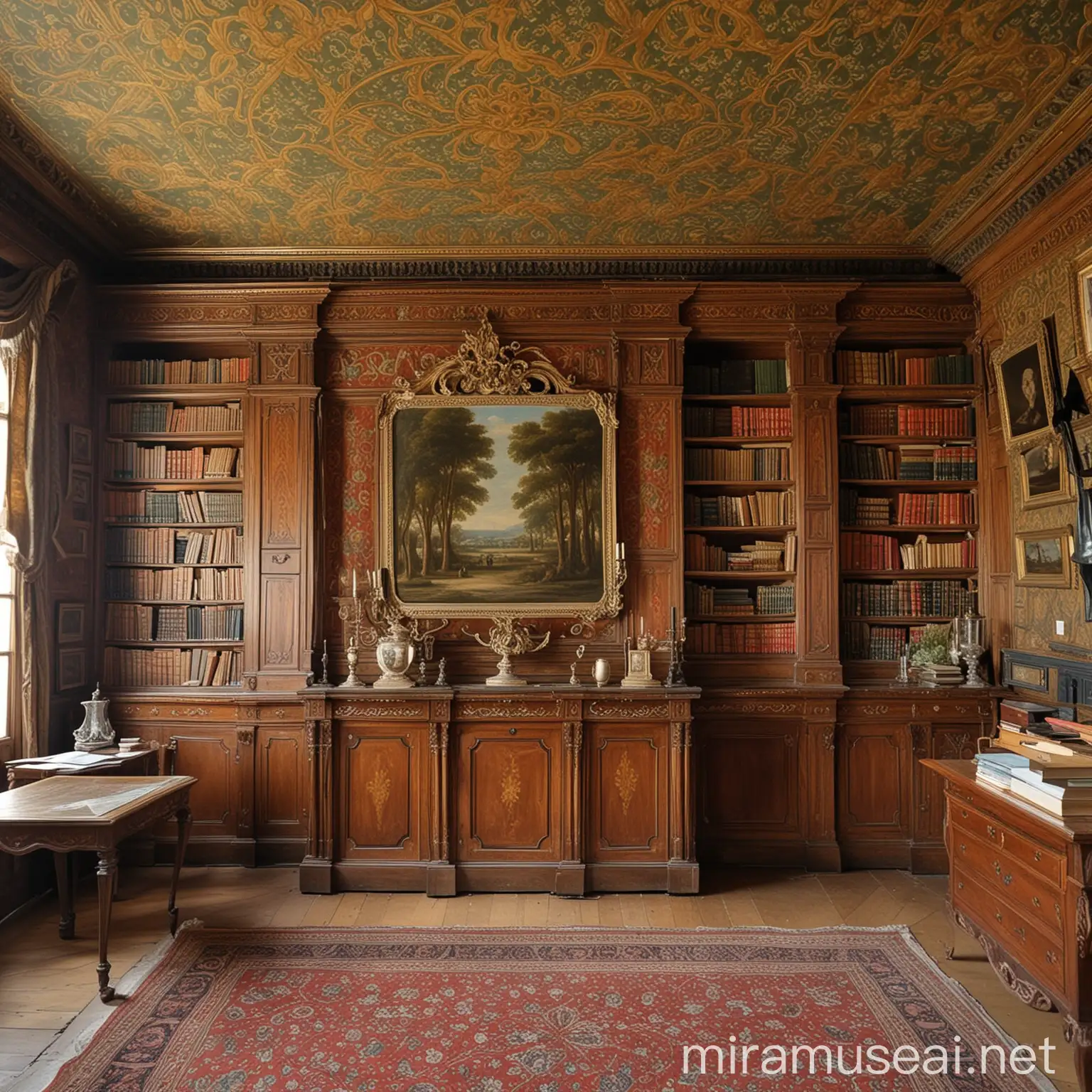 A big 19th century Victorian room with a huge Italian cassone, with fantastically-painted panels and tarnished gilt mouldings. There is a satinwood bookcase filled with schoolbooks. On the wall behind the bookcase is hanging a ragged Flemish tapestry. It looks expensive but not too fancy. There are paintings on the walls. 