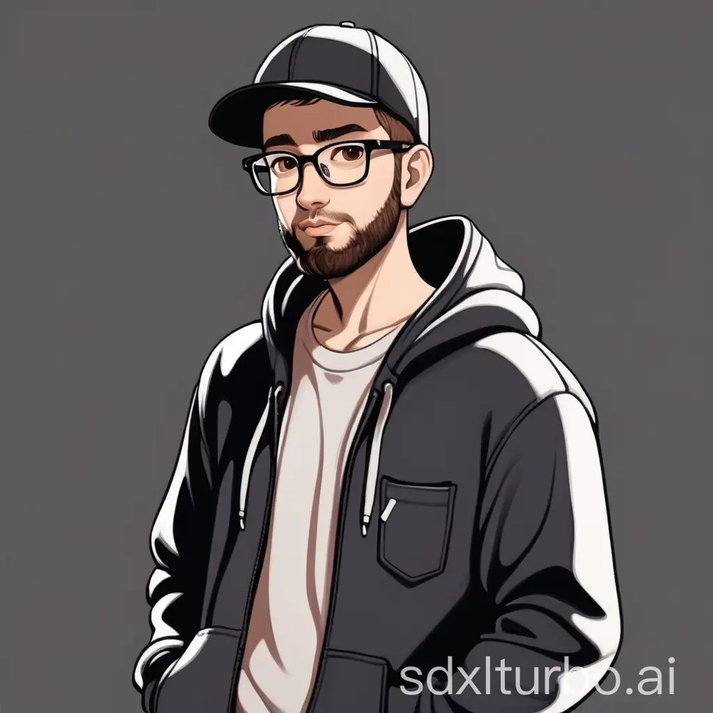 Image of a white-skinned male software developer with brown eyes, glasses, an shaved hairstyle, and a medium beard, standing straight with hands inside the hoodie pocket and wearing a black cap.