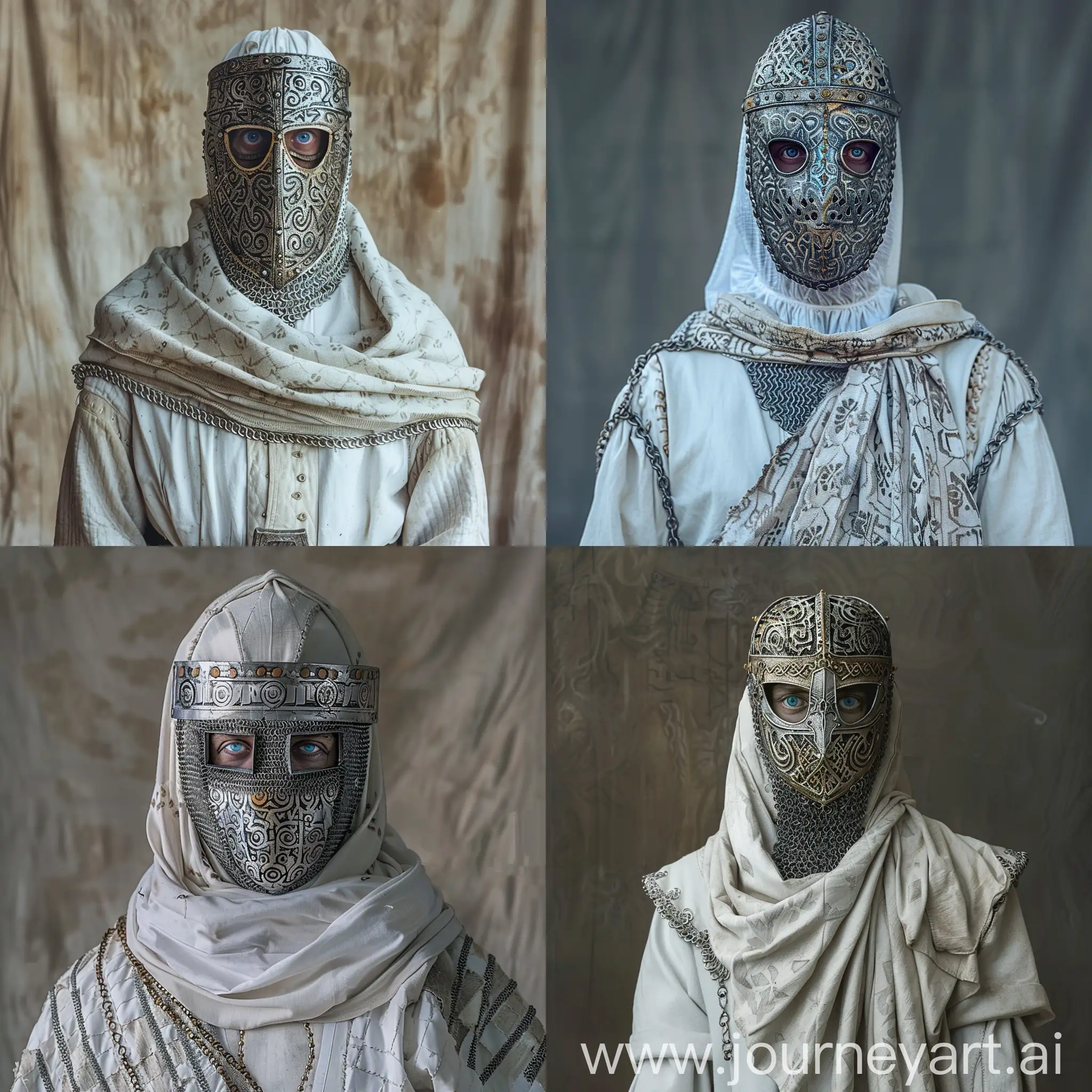 King Baldwin 4, wearing a white uniform covering his entire body, with chain mail on top. On his head is a shawl of cloth as long as his shoulders, on his face is an iron mask with patterns, through which only his blue eyes are visible