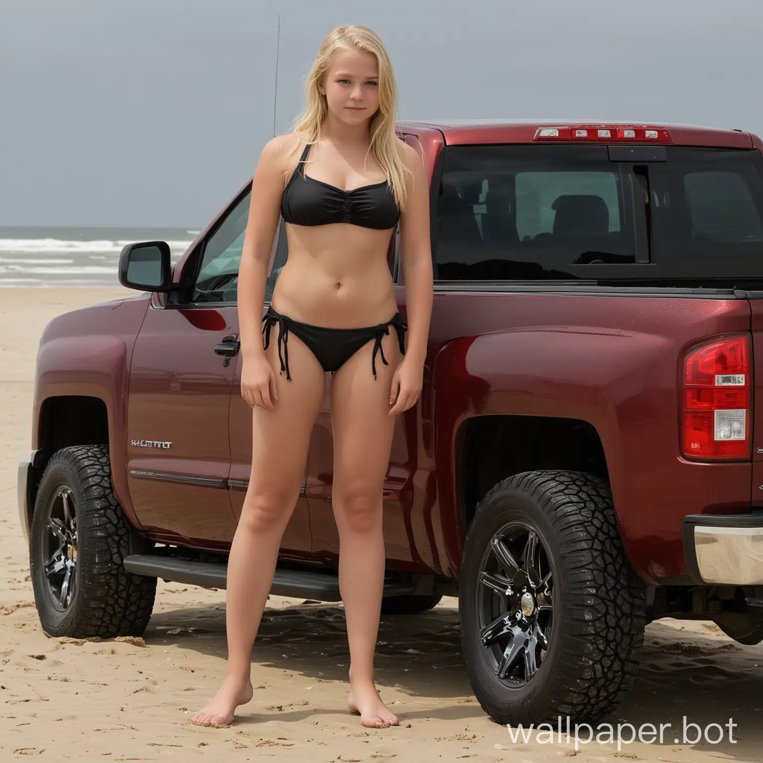 A 12-year-old blonde girl wearing a skimpy black bikini bottom. She is standing in the bed of a 2013 Silverado 2500HD Crew Cab LTZ 4X4 pickup. The pickup has Ruby Red Metallic paint. The pickup is parked on a sandy beach. The wind is blowing the girl's hair.