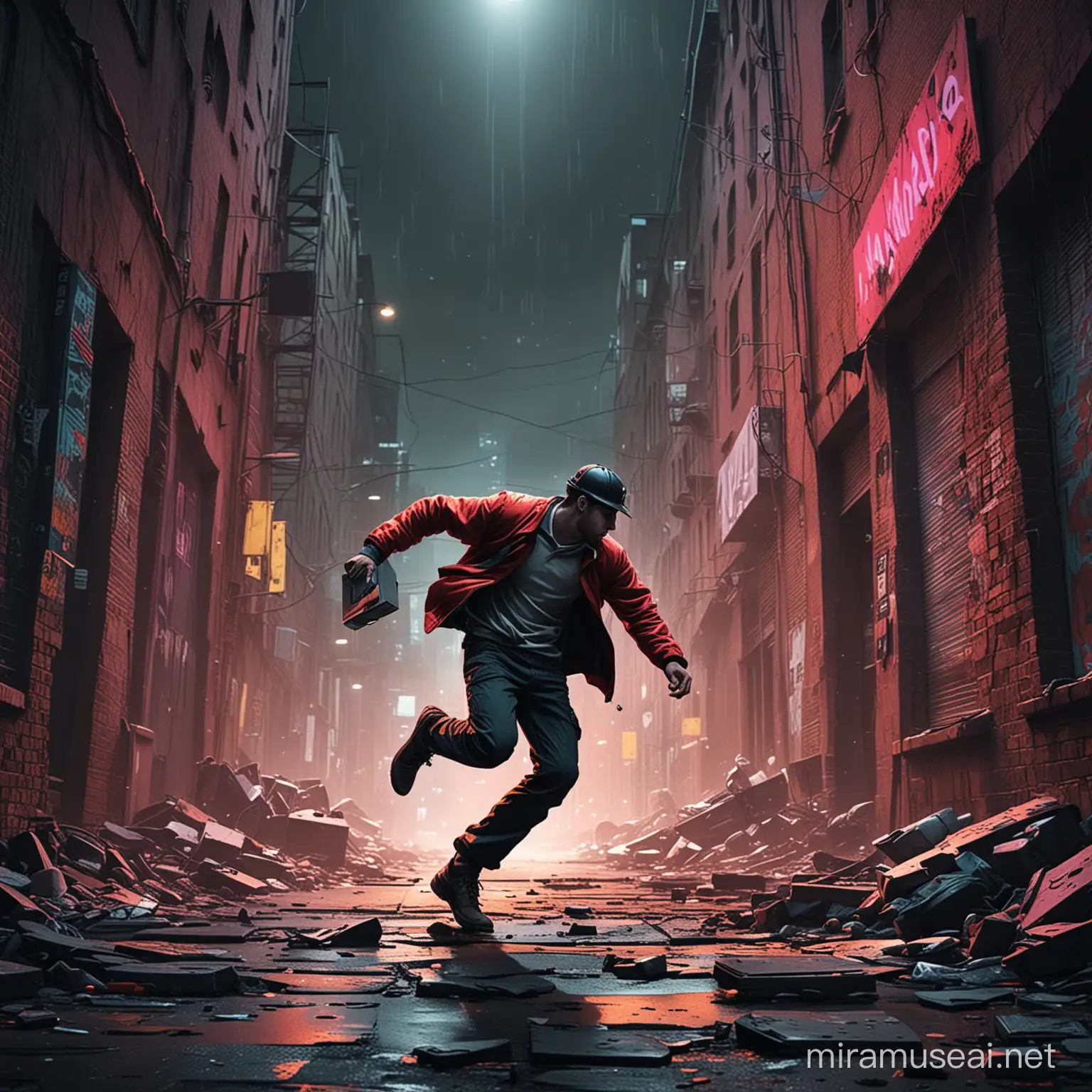 /imagine prompt: A hard disk drive fell to the ground, and a man ran to save it, depicted in a digital illustration style reminiscent of the works of Banksy, infused with urban grit and street art aesthetics. The scene unfolds with dynamic energy, capturing the urgency of the moment as the man reaches out to rescue the falling object. Bold, contrasting colors highlight the intensity of the situation, with the man's expression conveying determination and focus amidst the chaos. Illuminated by dramatic, neon lighting against a dark, urban backdrop, the scene pulsates with tension and motion. --v 5 --stylize 1000