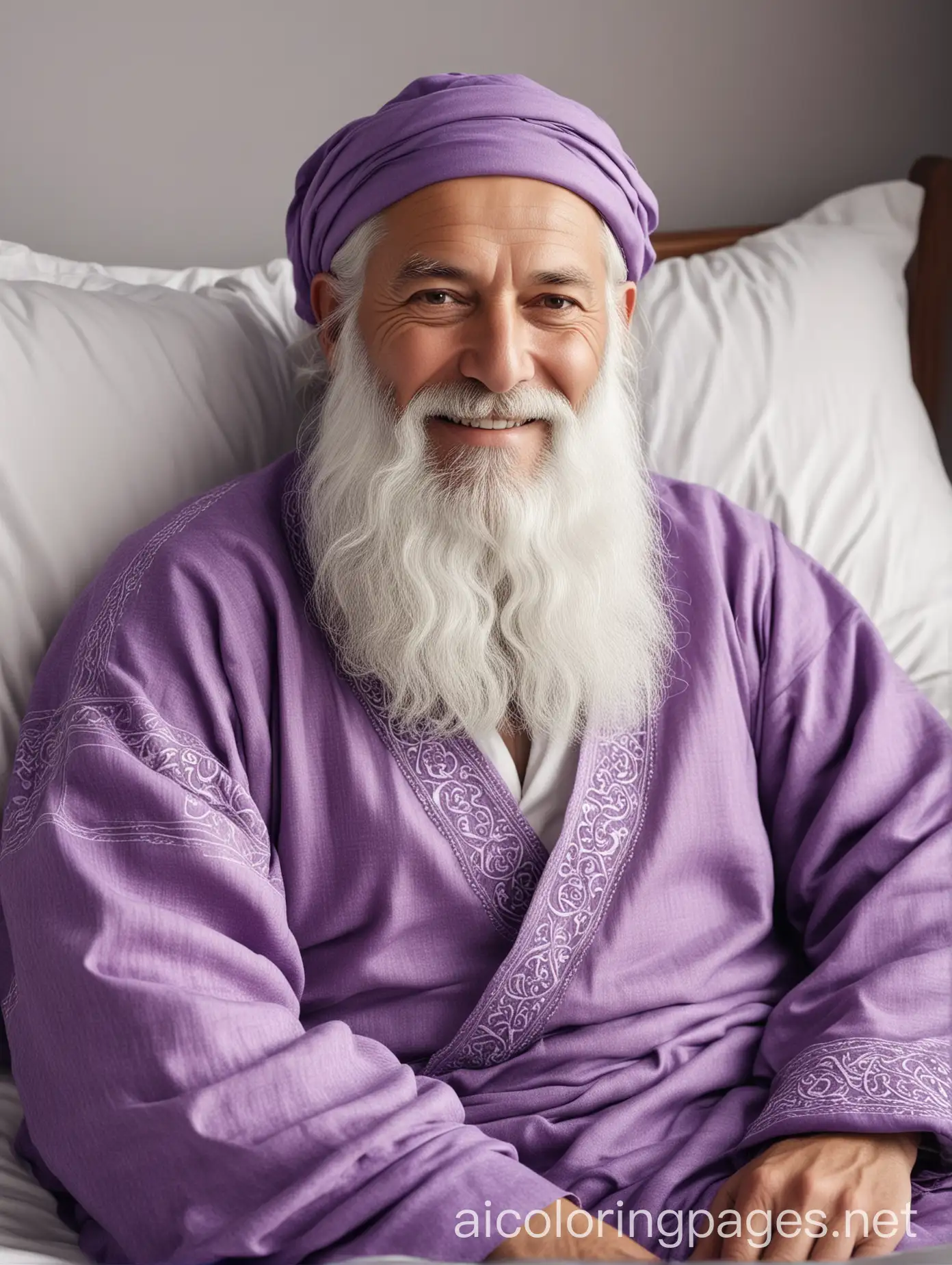 A wise middle-aged man from the Islamic era, with white skin and a long and thick white beard, staring at the lens, smiling faintly, sitting in a sleeping bed, wearing beautiful purple clothes, very realistic, 4K, vintage, so that the whole body is visible, Coloring Page, black and white, line art, white background, Simplicity, Ample White Space. The background of the coloring page is plain white to make it easy for young children to color within the lines. The outlines of all the subjects are easy to distinguish, making it simple for kids to color without too much difficulty