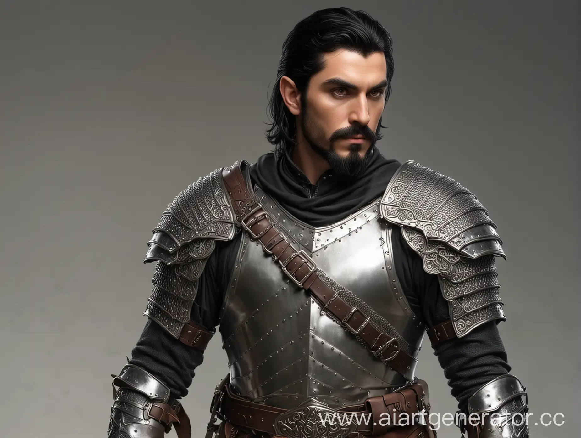 HalfElf-Warrior-in-Latin-Armor-with-Leather-Gloves-and-Swords