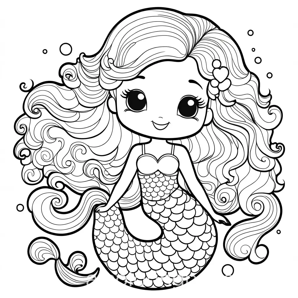 happy cute mermaid  with curly hair coloring page for kids with white background, Coloring Page, black and white, line art, white background, Simplicity, Ample White Space. The background of the coloring page is plain white to make it easy for young children to color within the lines. The outlines of all the subjects are easy to distinguish, making it simple for kids to color without too much difficulty