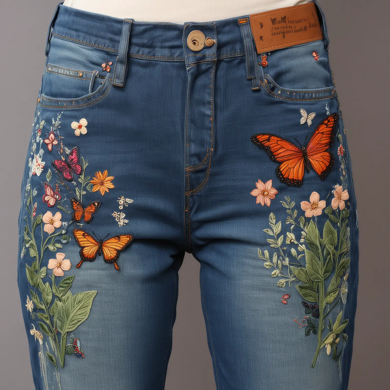 denim for women, with applique patch work, butterflies and plants on front of the jeans and pocket