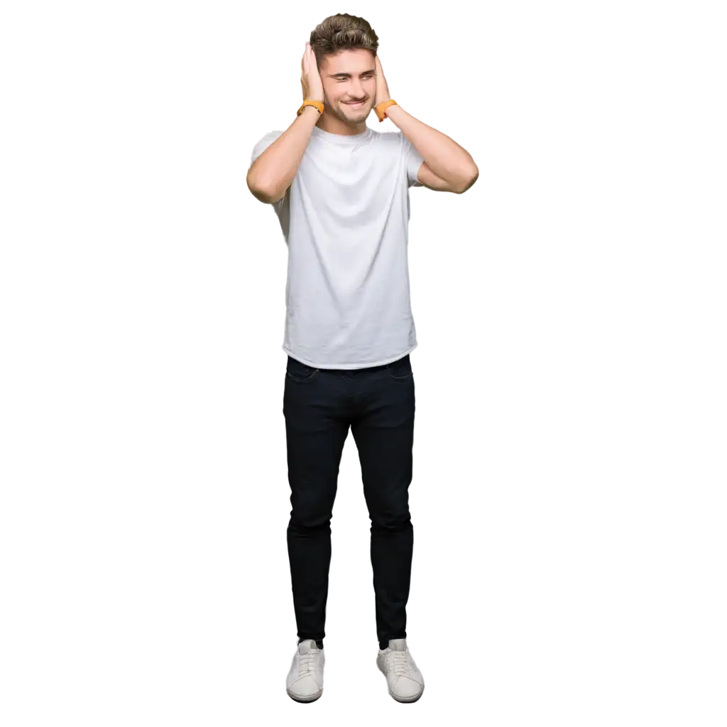 a young man with 2 hand hold his head, wearing a white shirt, black jeans, and white shoes, 