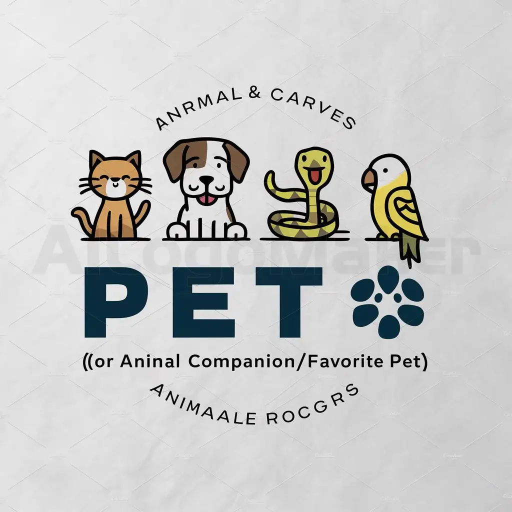 a logo design,with the text "Pet (or animal companion/favorite pet)", main symbol:Cat, dog, snake, parrot ,Moderate,be used in Animals Pets industry,clear background