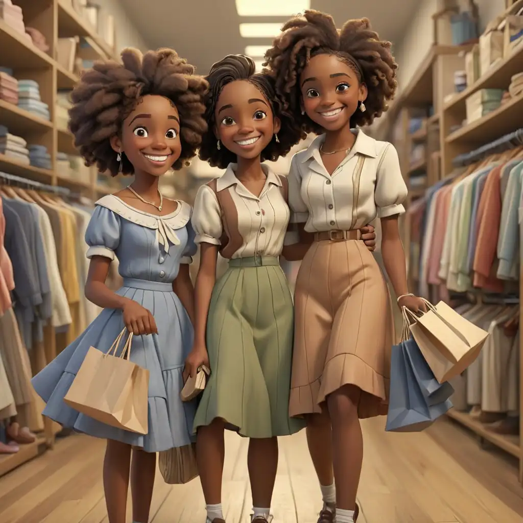 1900s defined 3D Cartoon-style African American teens going clothes shopping
smiling