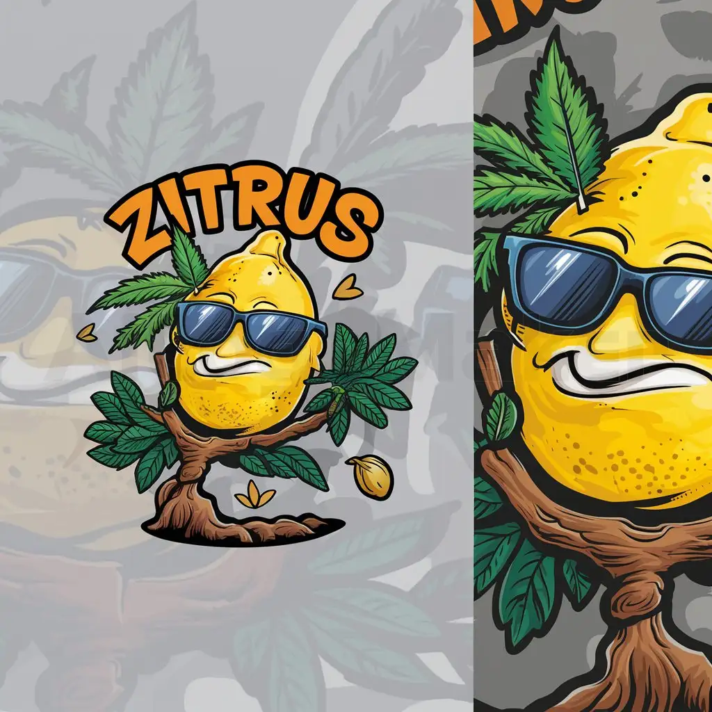 a logo design,with the text "Zitrus", main symbol:Cool lemon , weed leaf , sun glasses , comic style , seed , tree,Moderate,clear background