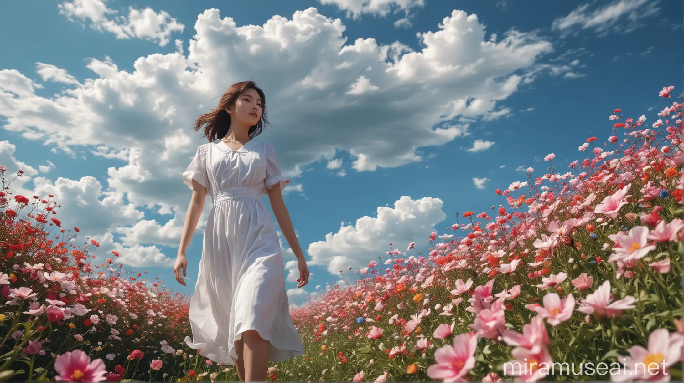 a realistic beautiful japanese girl in short sleeve white dress on the field of colorful blooming flower, blue sky with clouds, precise nautical detail, real life, real photo, real women,HD quality, detailed, wide angle, cinematic color, 8k, ultra realistic, realistic lighting