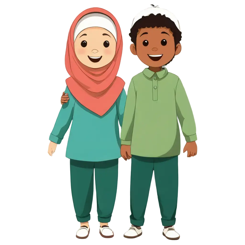 Happy-Muslim-Kids-in-Hand-Drawn-Flat-Cartoon-Style-PNG-Creative-Illustration-for-Educational-Materials