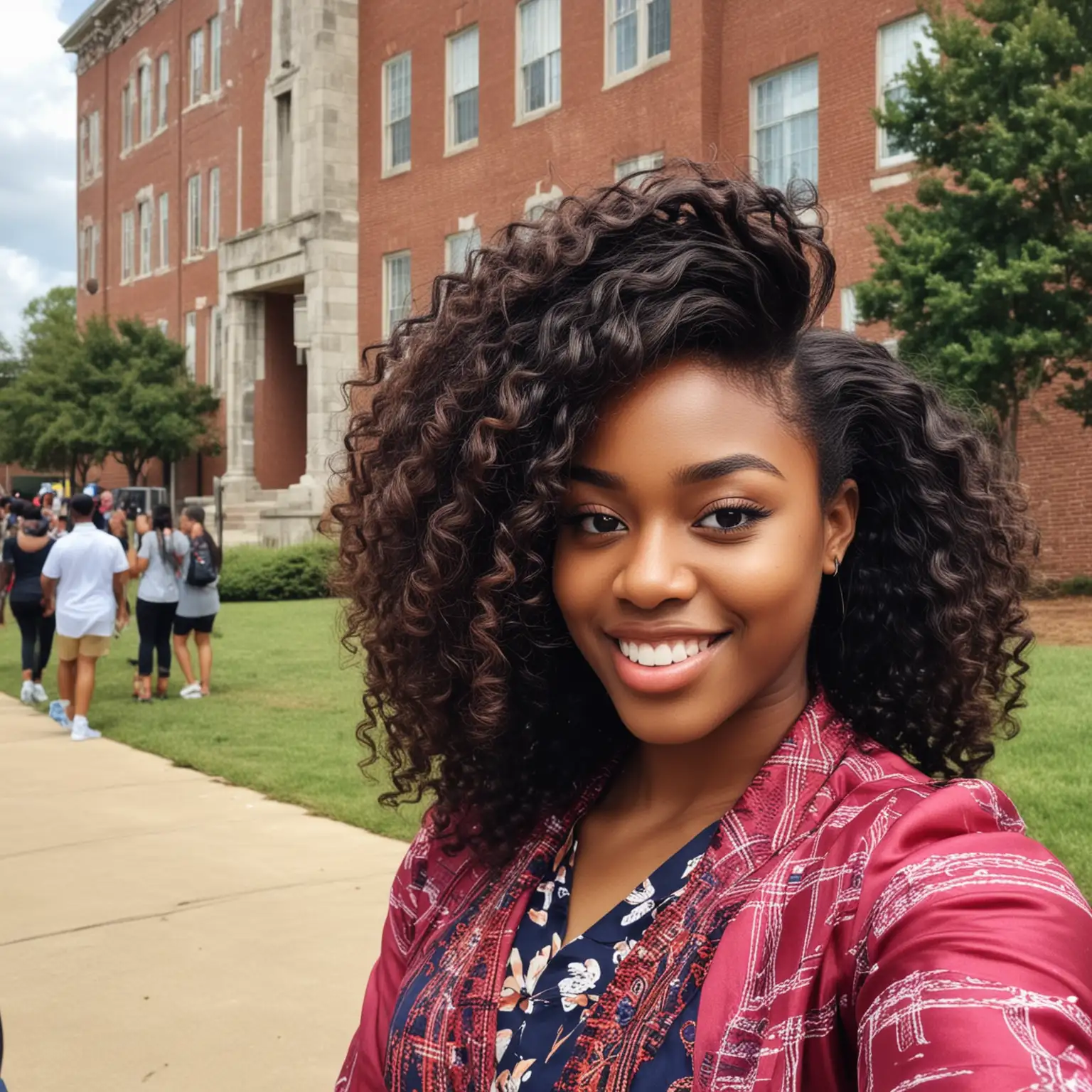 Cheerful African American Woman Capturing Selfie Moments at University Homecoming