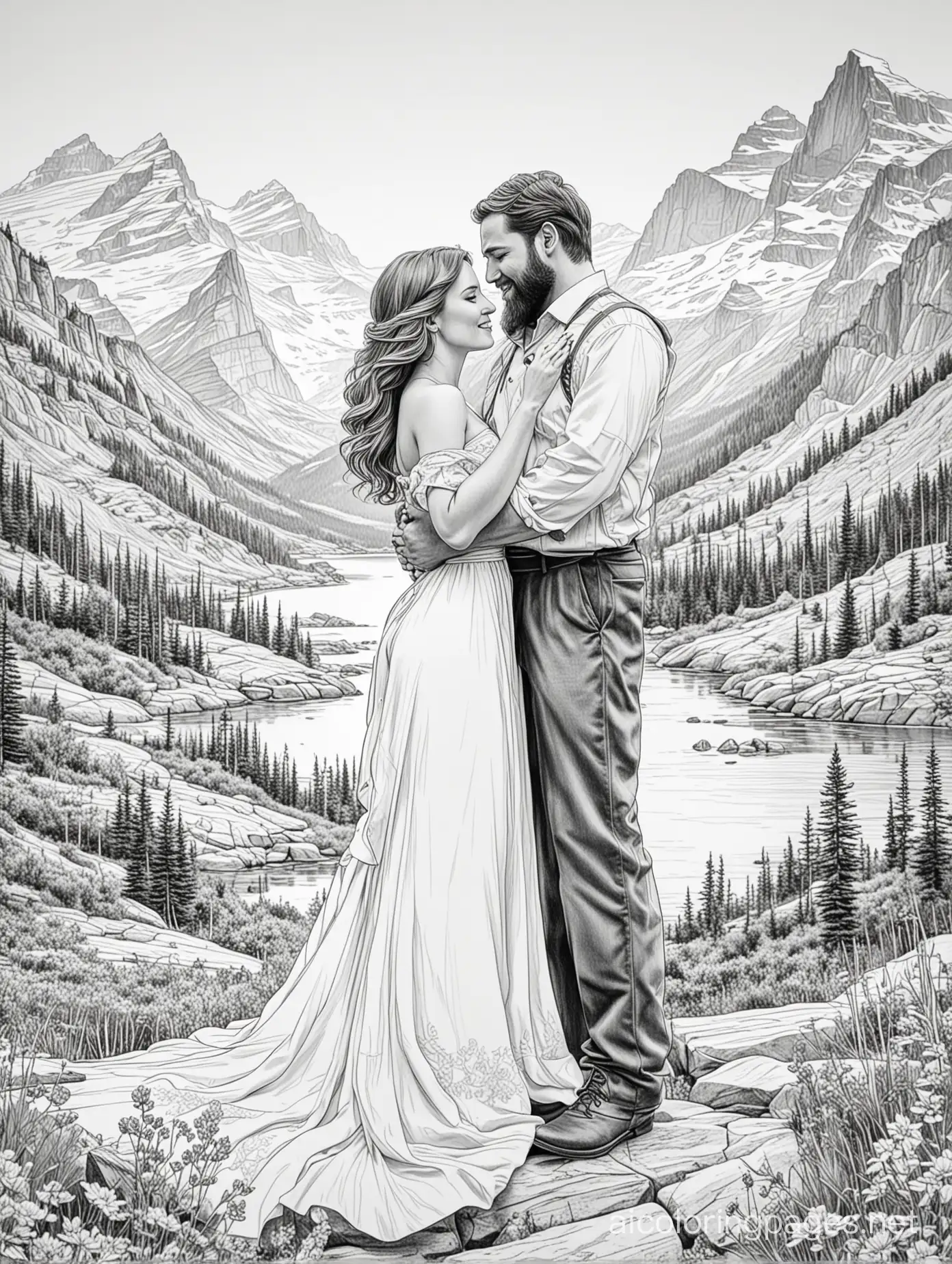 Line art. Glacier park Montana married couple on honeymoon in love, magical sexy woman,sexy wife, bearded husband
, Coloring Page, black and white, line art, white background, Simplicity, Ample White Space. The background of the coloring page is plain white to make it easy for young children to color within the lines. The outlines of all the subjects are easy to distinguish, making it simple for kids to color without too much difficulty