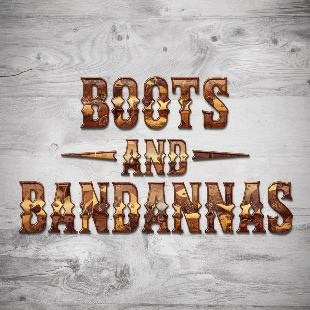 word logo "Boots and Bandannas" make the texture brown leather and bandanna print on letters  on a white background