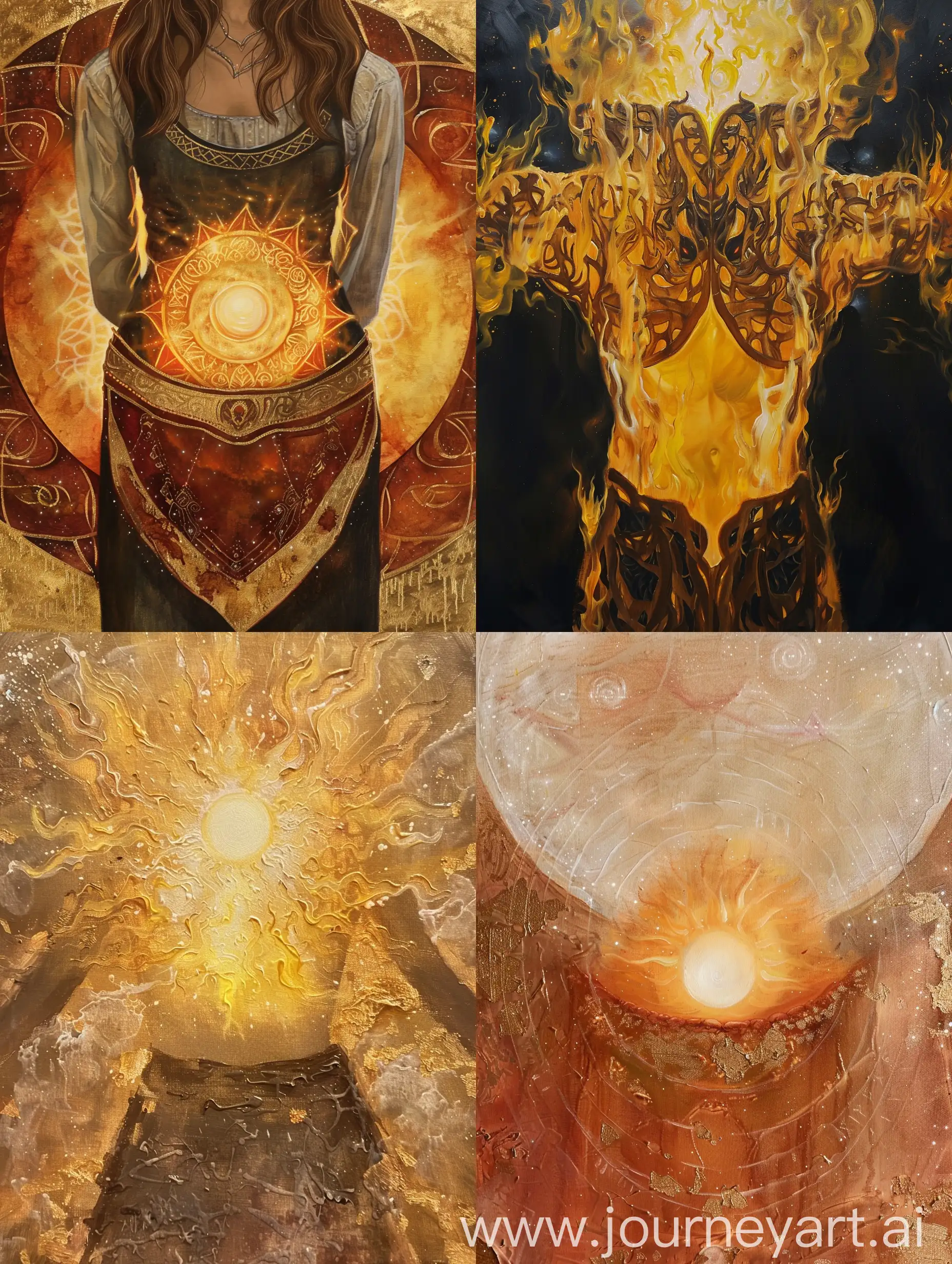 Details from my imagination for the systems of journey: altar art paints, #fantasyart #characterart #midjourney #aigeneratedart #alart #alartcommunity #alartists. 

Details, subject: #oil #painting on #canvas #art, #contrast #noai. Photorealism. Waist up view, the one of the first primordial, the lady of light, the sun, fire, the glow, the stars she brightens all. She takes a lesser form to manifest, but is still greater than most gods. 

Finishing details: #polish #master #artist #surreal #special, #artificialintelligence #aiart #aiartwork #aiartist #aiartcommunity #midjourney #midjourneyart. 