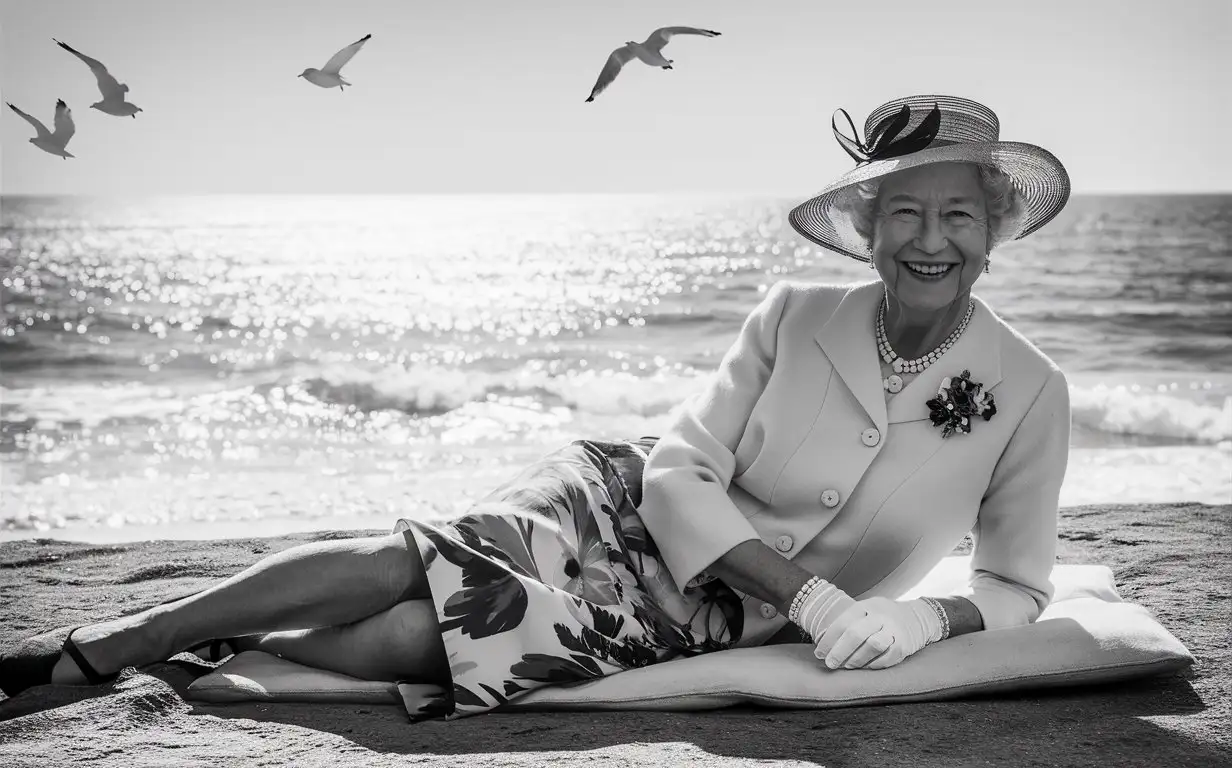 Elizabeth II, by sea beach, summer outfit, smiling, by Vivian Maier